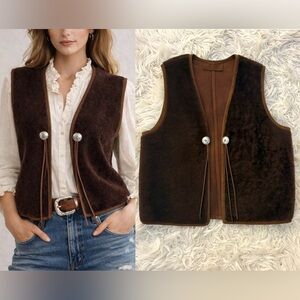 Ralph Lauren Vintage Leather Shearling Vest Concho Button Fringe Western Italy M